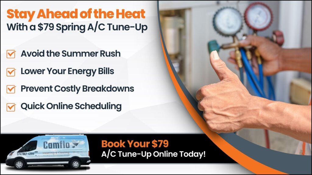 This is an image of an HVAC technician servicing an AC unit the headline rates stay ahead of the heat with a $79 spring AC tuneup