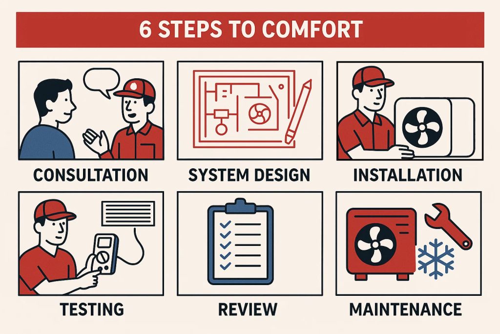 A graphic of the 6 steps to comfort the camflow way