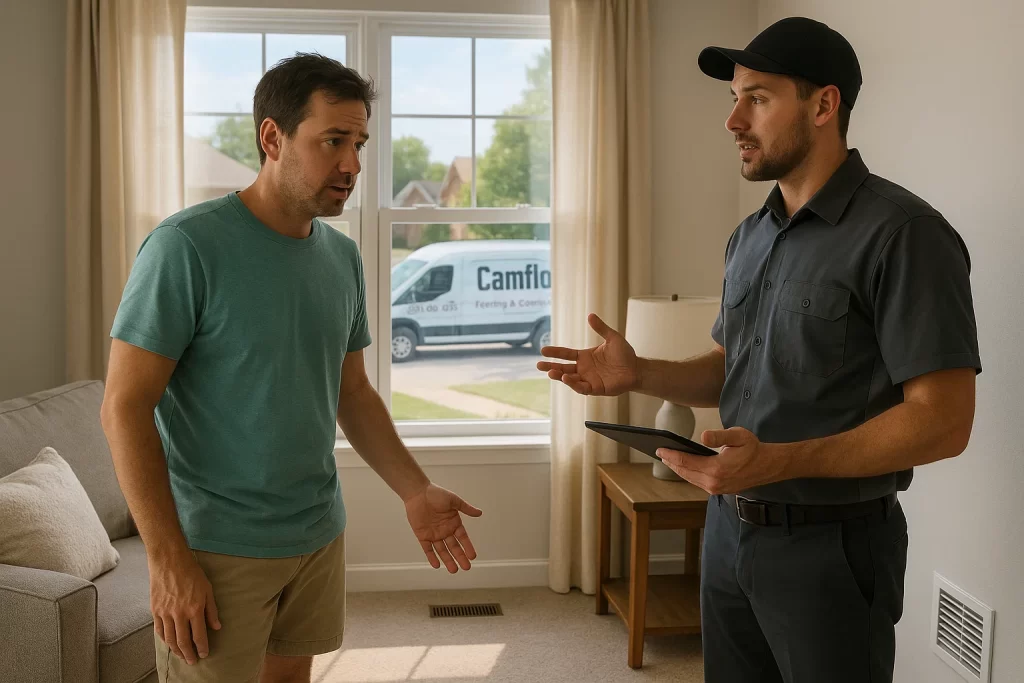 Homeowner checks weak A/C airflow with technician in summer living room