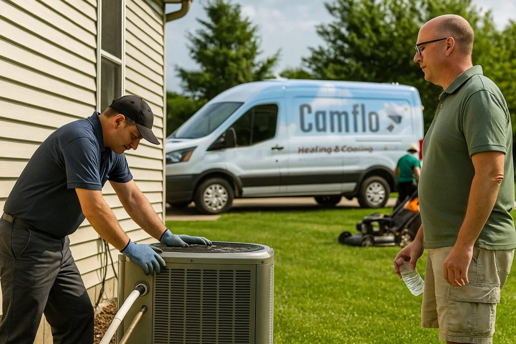 Homeowner observing HVAC technician during new AC installation outside