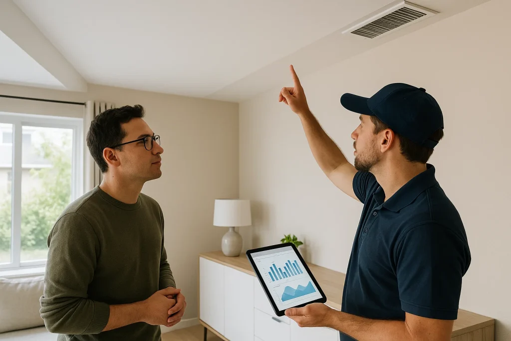 Homeowner and HVAC technician discuss energy-saving duct system in Lafayette home