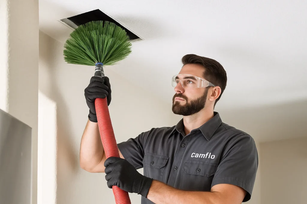 Technician cleaning residential ductwork with professional equipment