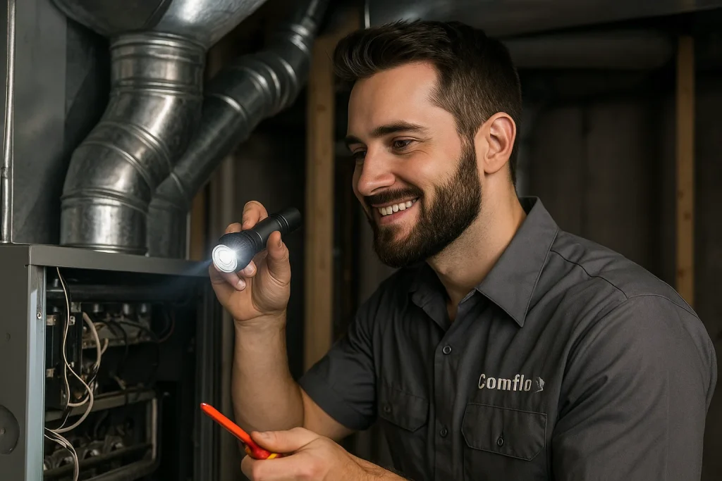 An HVAC tech servicing a furnace.