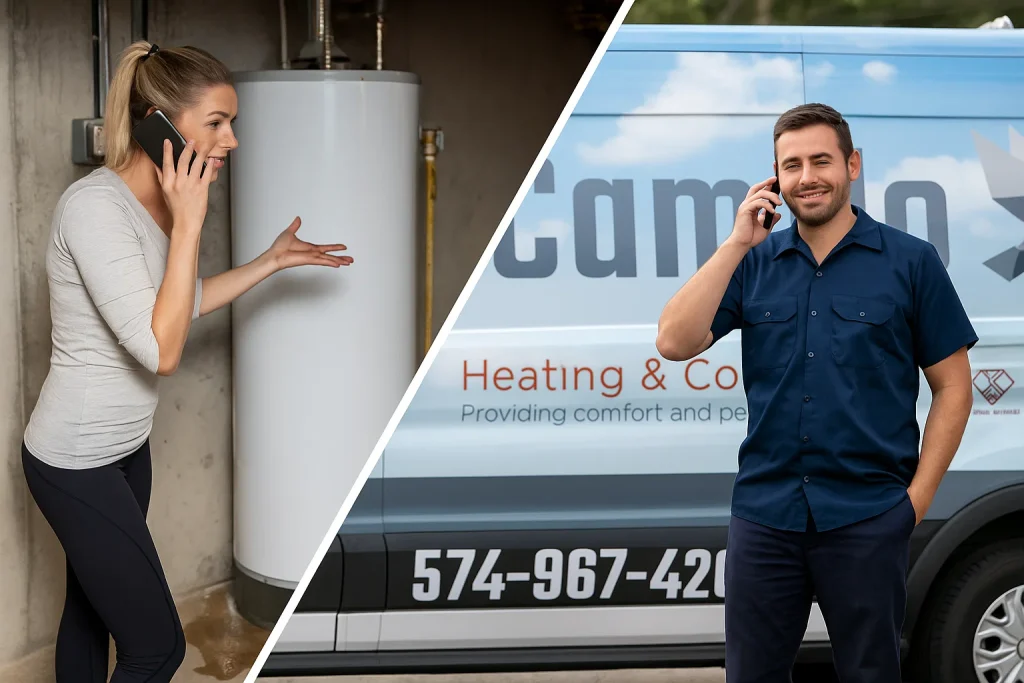 A split screen image of a woman with a leaking water heater on the other side she is talking to an HVAC technician