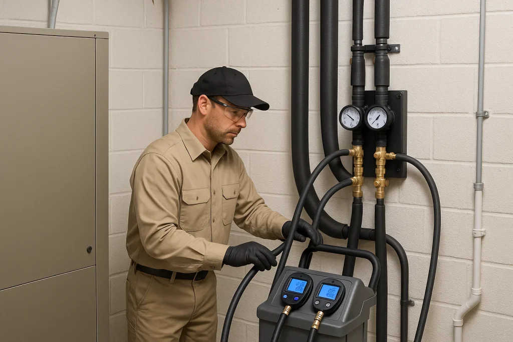 Technician purging and pressure-testing residential geothermal ground loop at flow center