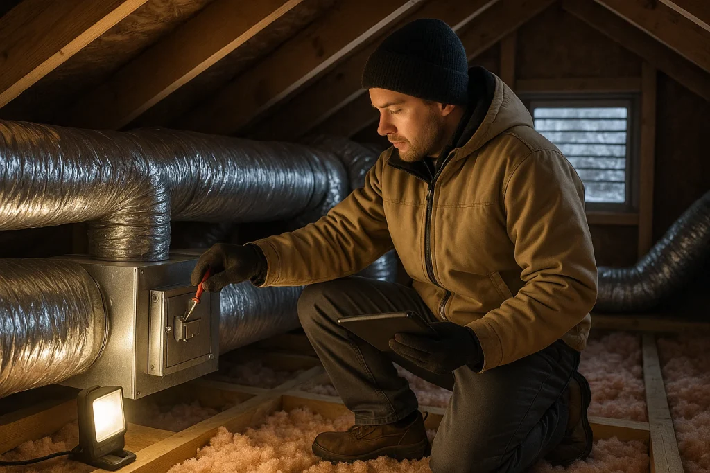 Technician calibrating zone control damper in attic of West Lafayette home