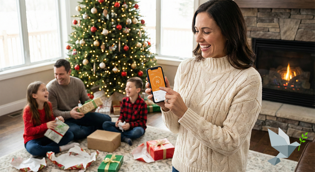 A happy family in the living room opening holiday presents. In the middle of the image is a smiling mother adjusting her smart thermostat using her smartphone
