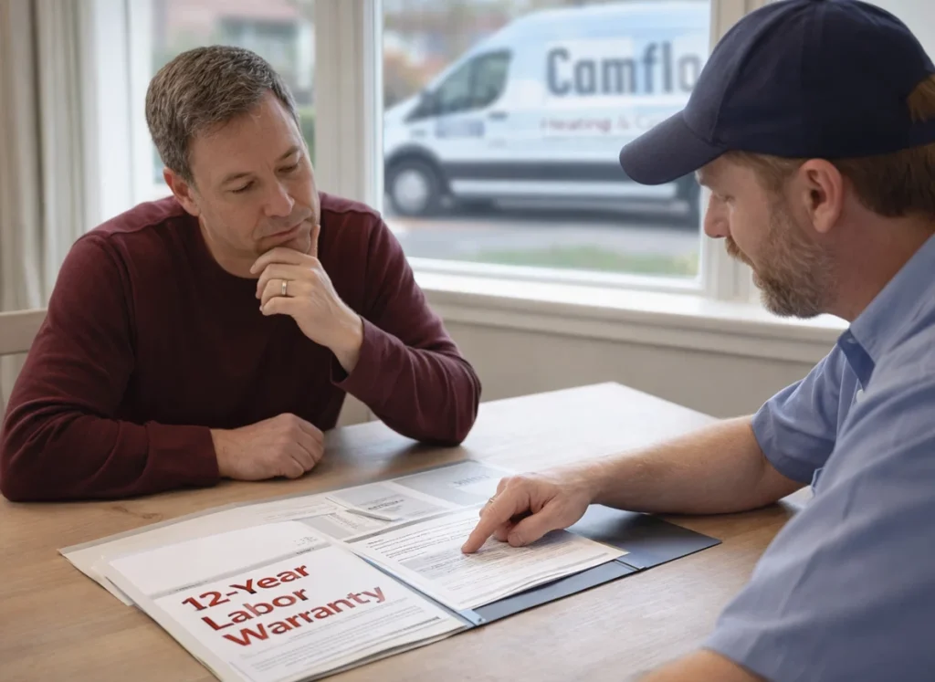 Homeowner reviewing 12-year HVAC labor warranty with technician at kitchen table