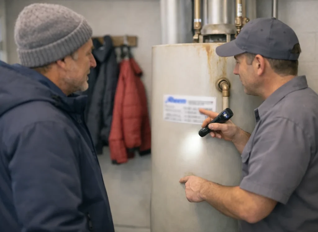 Homeowner reviews late winter water heater replacement warning signs with plumber in Lafayette IN