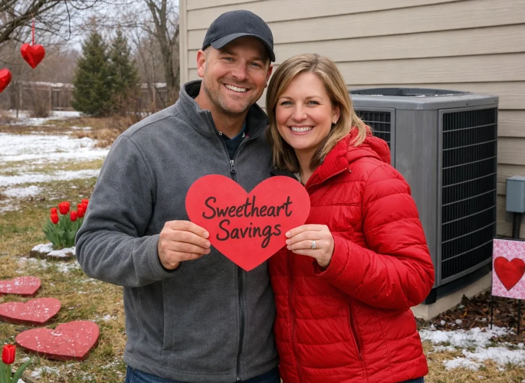 Homeowner couple shows off new HVAC install with heart-themed decor in Indiana yard