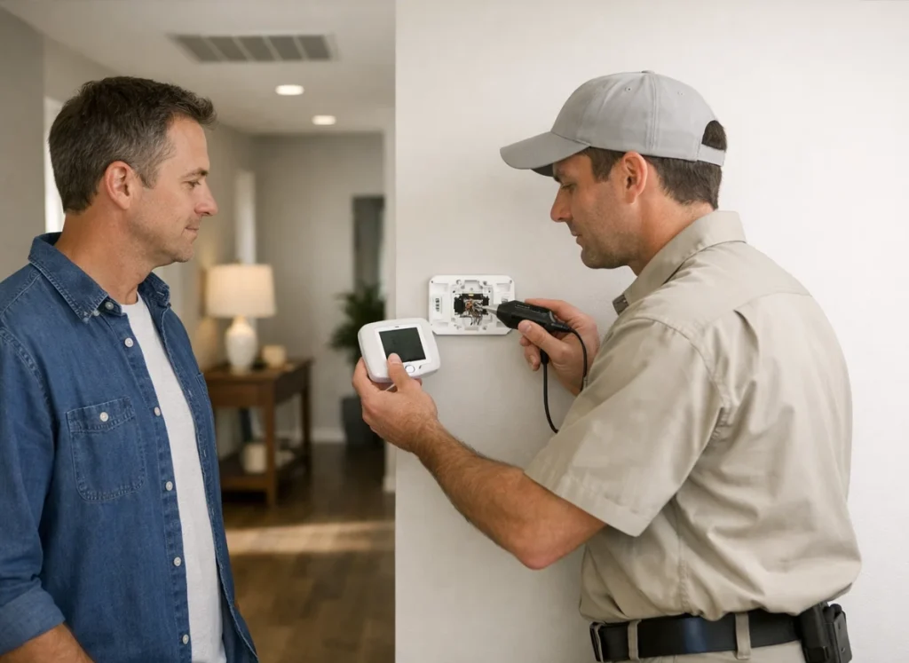 HVAC technician calibrates thermostat during spring tune-up with homeowner