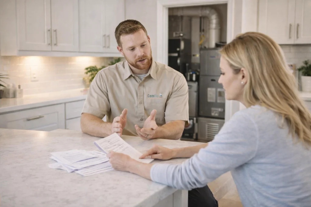 Spring HVAC tune-up consultation in kitchen