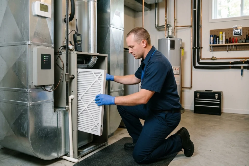 HVAC technician improving indoor air quality with filtration system