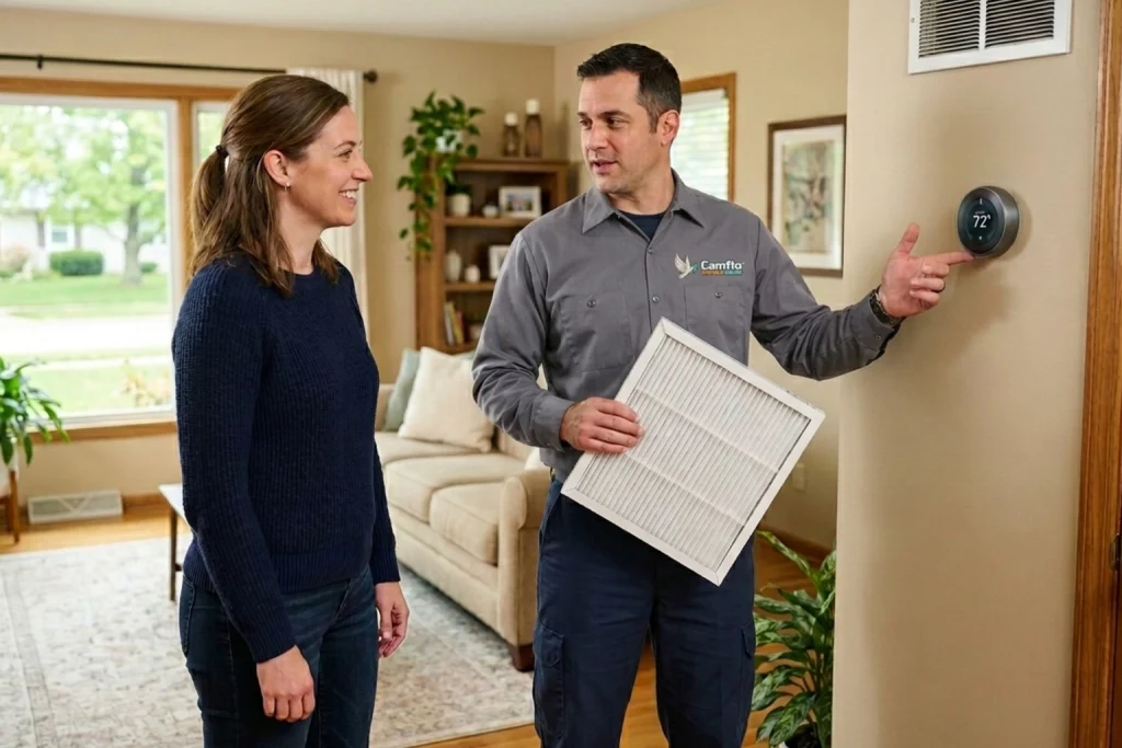 Lafayette homeowner learning about HVAC maintenance savings