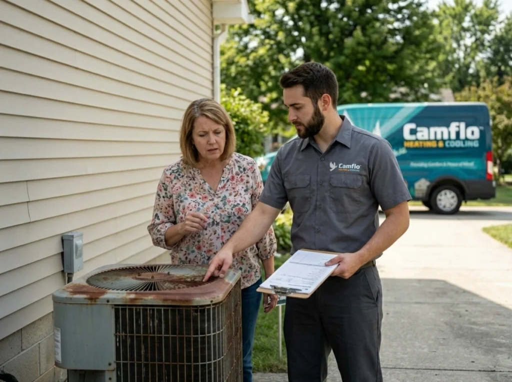 West Lafayette homeowner comparing AC repair and replacement
