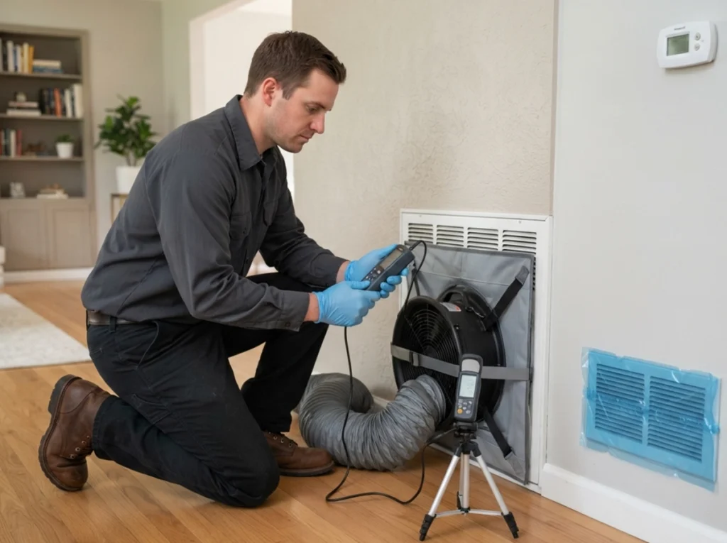 HVAC technician performing a professional residential duct leakage test