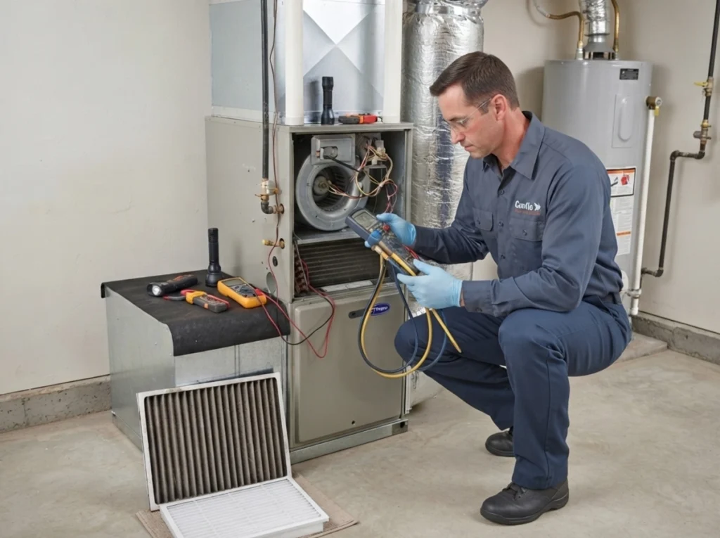 Technician diagnosing central air conditioner airflow and maintenance issues