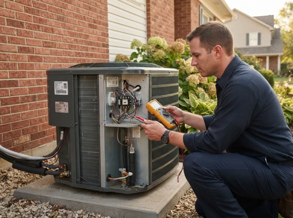 HVAC technician checking a heat pump before fall in Lafayette