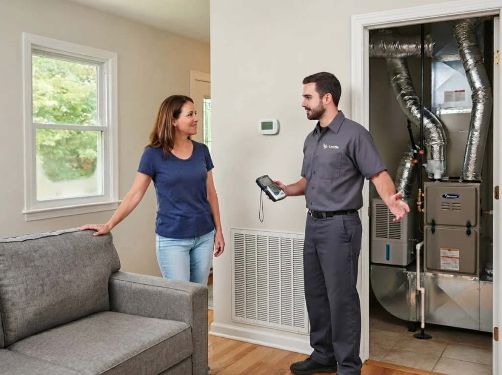West Lafayette homeowner checking high indoor humidity despite AC cooling
