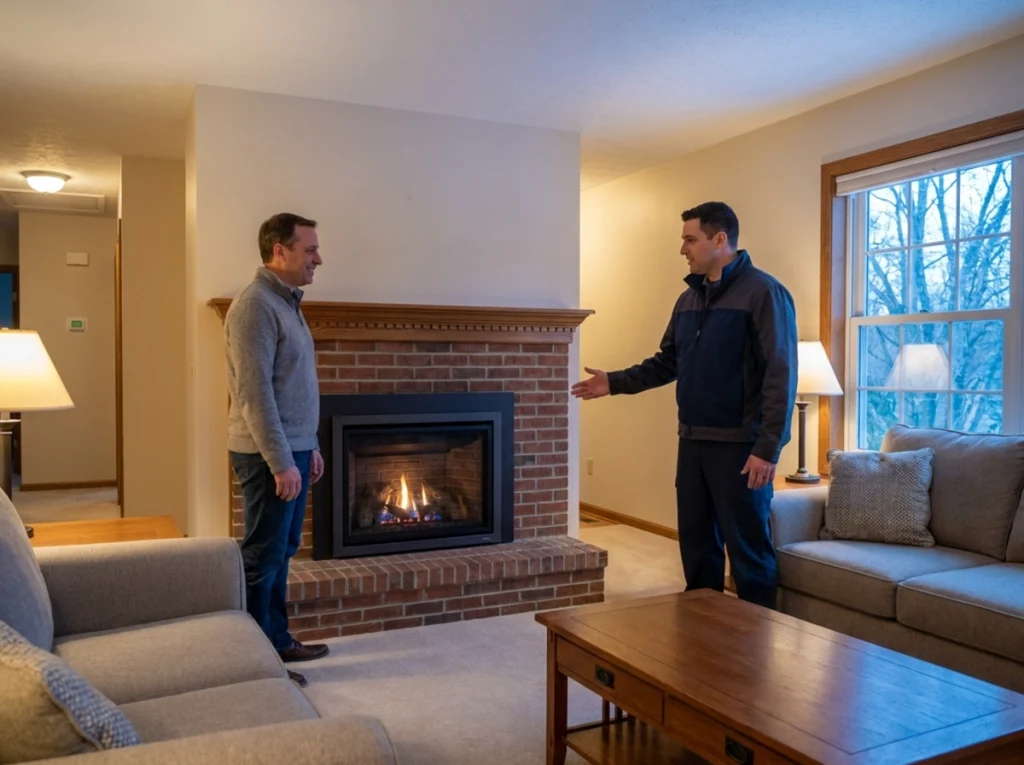 West Lafayette homeowner reviewing a new gas fireplace insert