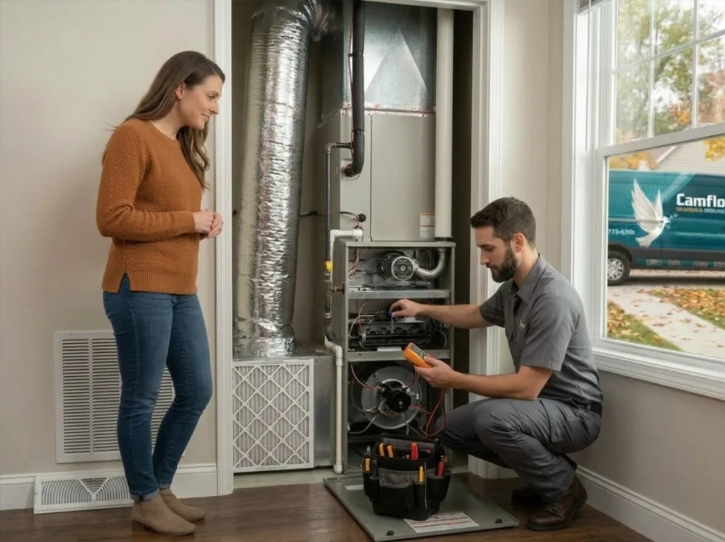 Homeowner learning why a furnace smells dusty when first turned on in fall
