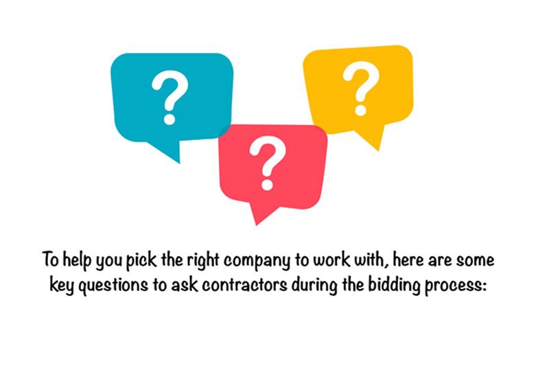 Video - 5 Questions to Ask Your HVAC Contractor. Image is an animated title page with three thought bubbles colored blue, red, yellow, from left to right.